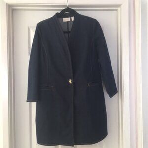 New Dark Denim Fitted Duster Jacket with Gold Seaming and Mental Closure (8-10)